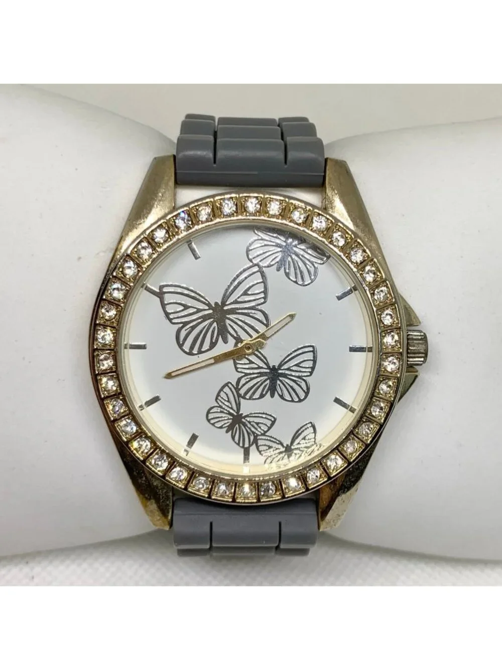 Butterflies dial gold tone watch 44mm large face rhinestone quartz gray running